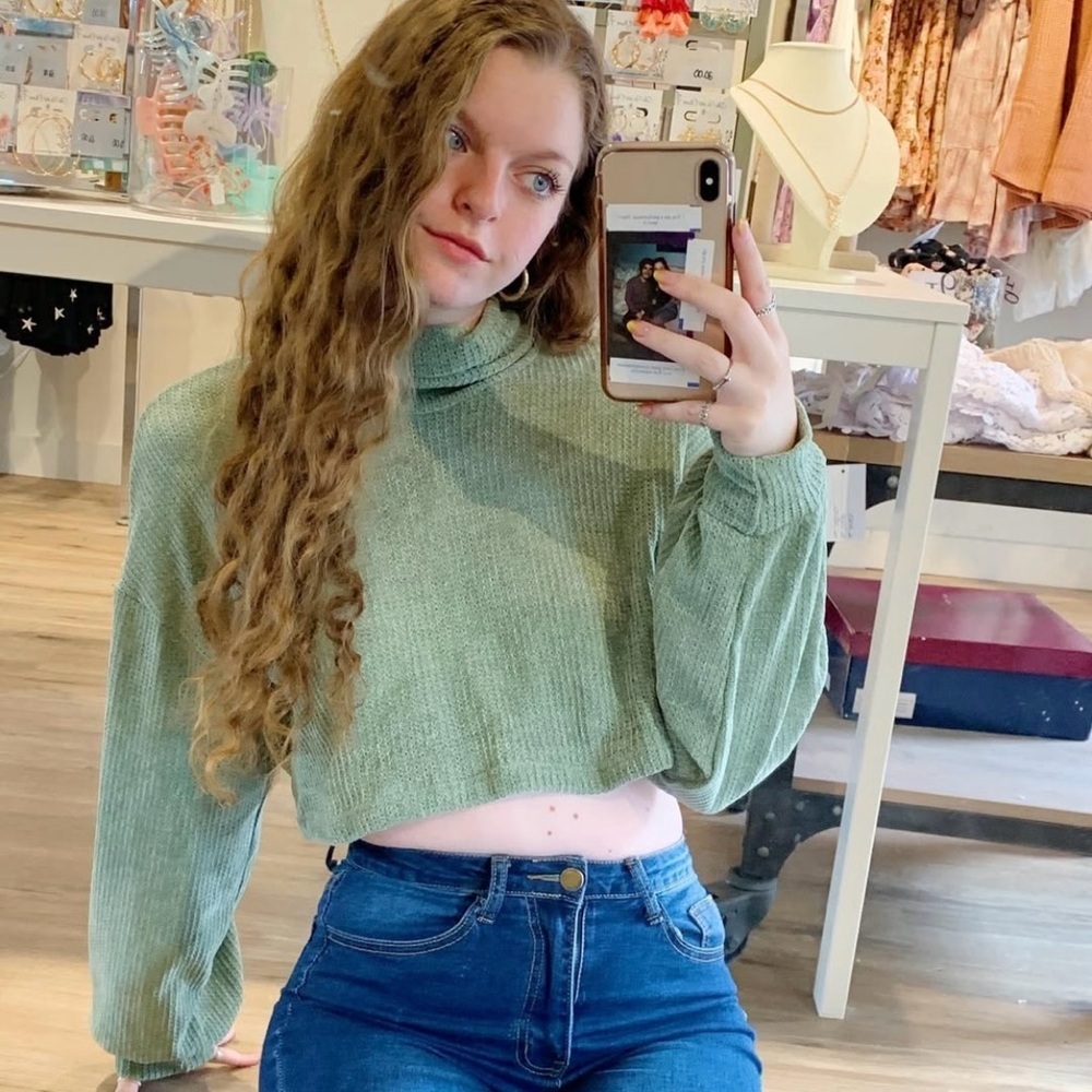 Le Lis Matcha Green Chenille Mock Neck Sweater